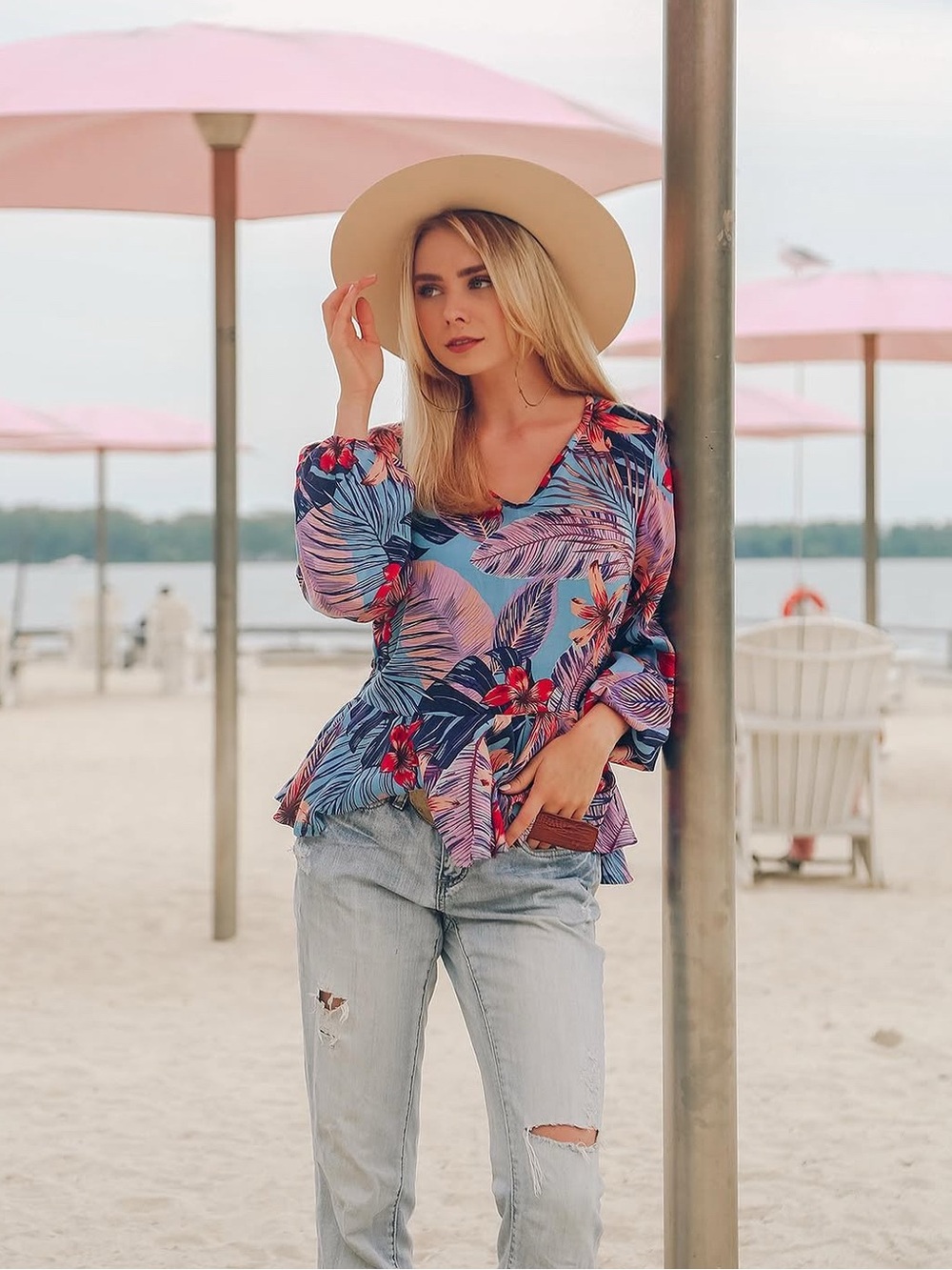 TAMGA Tropical Print V-Neck Blouse in Aqua, Pink & Navy (S)